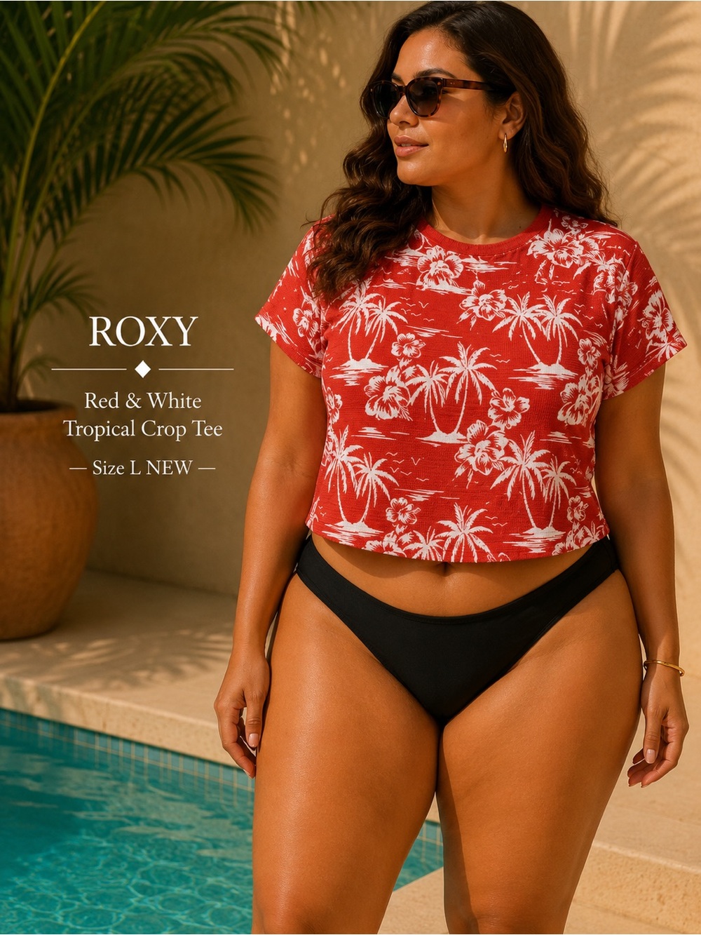 Roxy Red & White Short-Sleeve Tropical Crop Tee Size L NEW